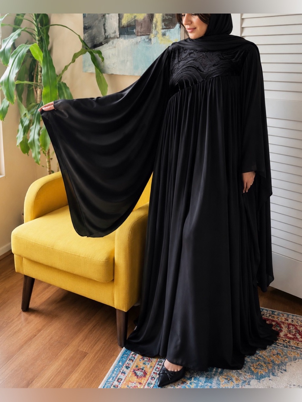 Elegant Black Statement Abaya | Dramatic Cape Sleeve | Modest Maxi